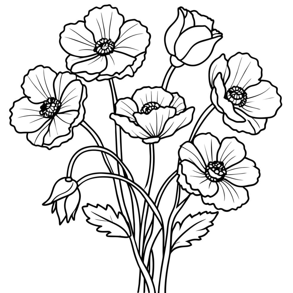 coquelicot fleur contour illustration coloration livre page conception, coquelicot fleur noir et blanc ligne art dessin coloration livre pages pour les enfants et adultes vecteur