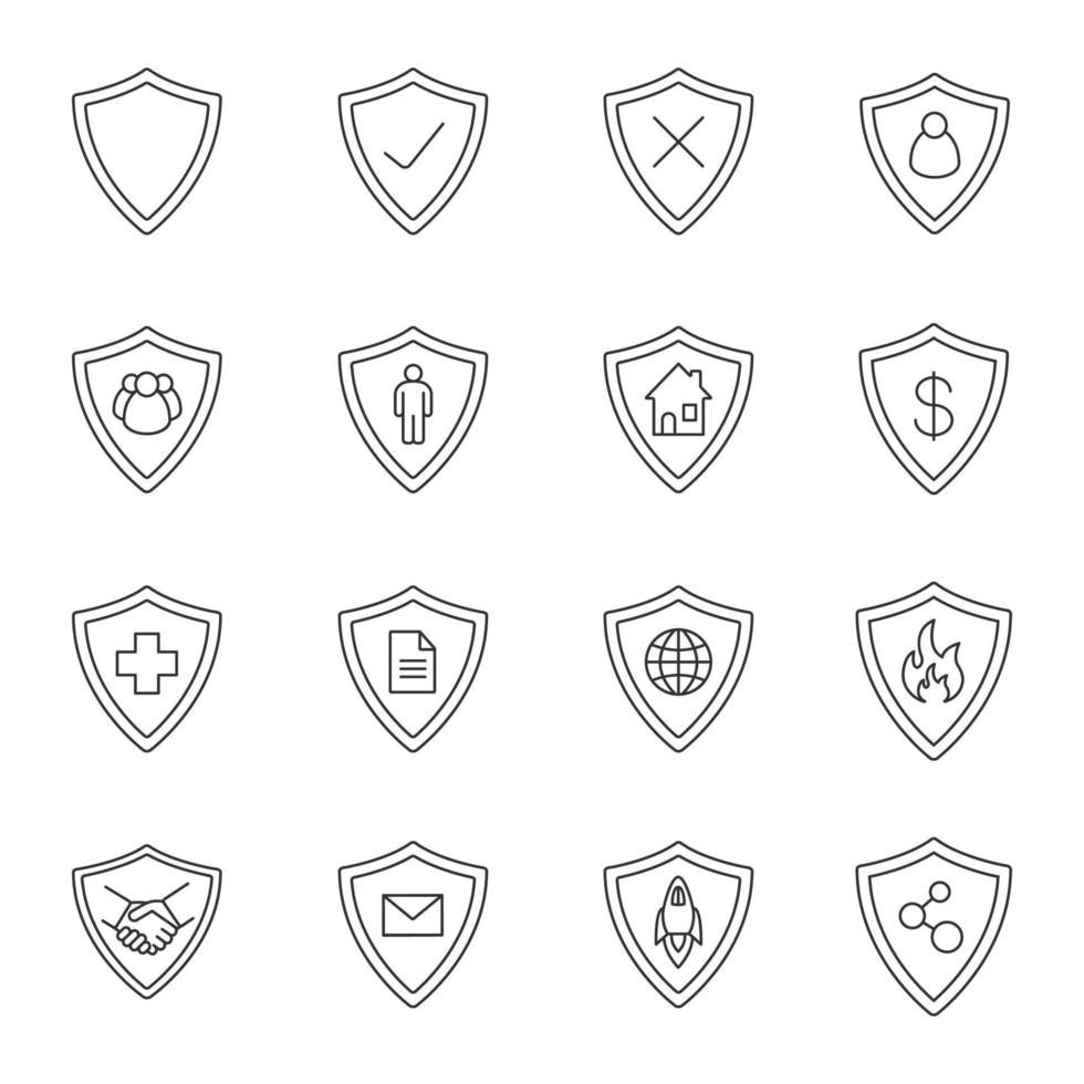 ensemble d'icônes linéaires de boucliers de protection. e-mail, personnes, maison, réseau et connexion Internet, sécurité de l'argent. symboles de contour de ligne mince. illustrations vectorielles isolées vecteur