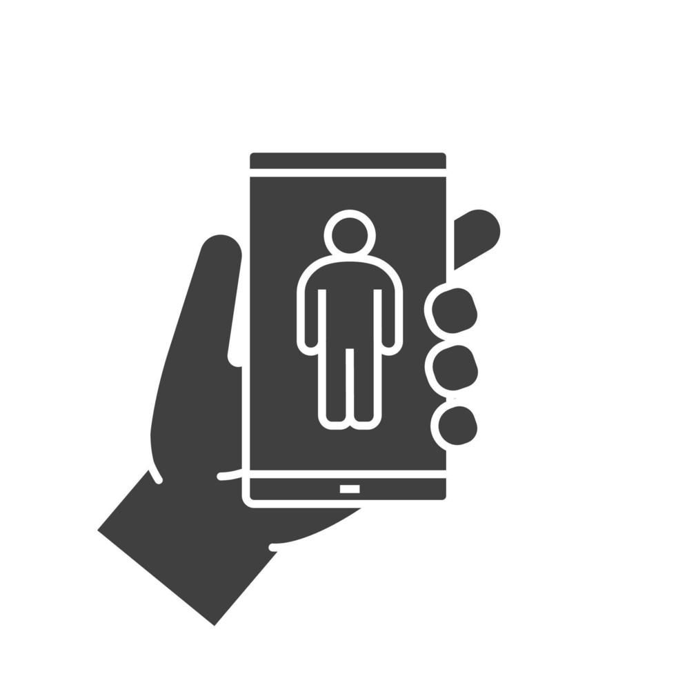 main tenant l'icône de glyphe de smartphone. symbole de silhouette. téléphone intelligent avec l'homme. espace négatif. illustration vectorielle isolée vecteur