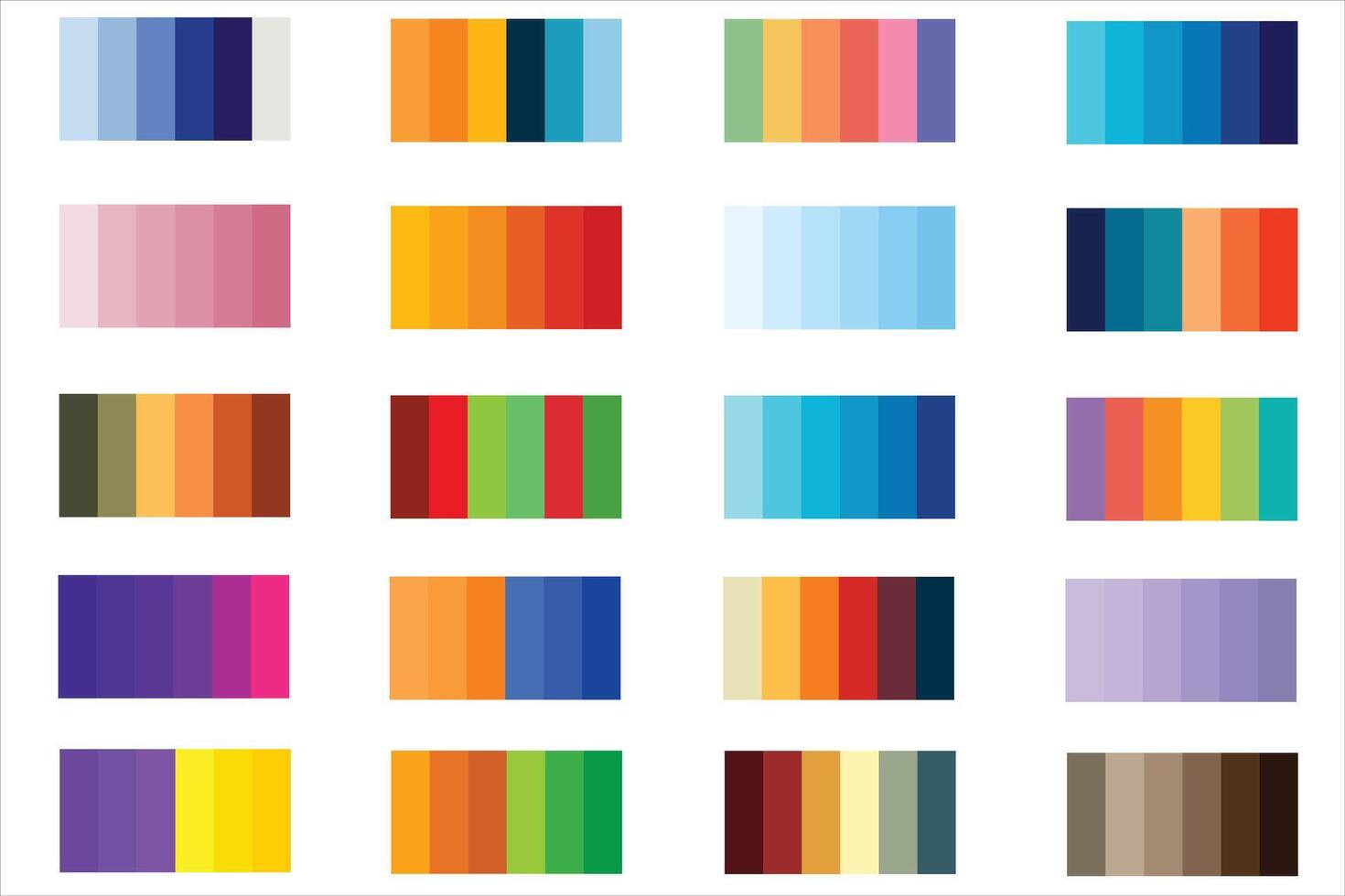 Couleur palettes 1, 20x6 , découvrir 20 ensembles de vibrant Couleur palettes 5 unique couleurs chaque pour élégant dessins lumière, sombre, ancien, rétro inspirations, Nouveau vecteur