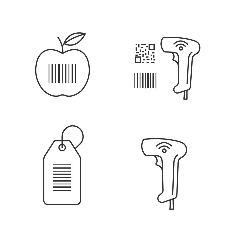 ensemble d'icônes linéaires de codes à barres. code à barres du produit, scanner de codes qr et linéaires, étiquette volante, lecteur portable sans fil. symboles de contour de ligne mince. illustrations de contour de vecteur isolé. trait modifiable