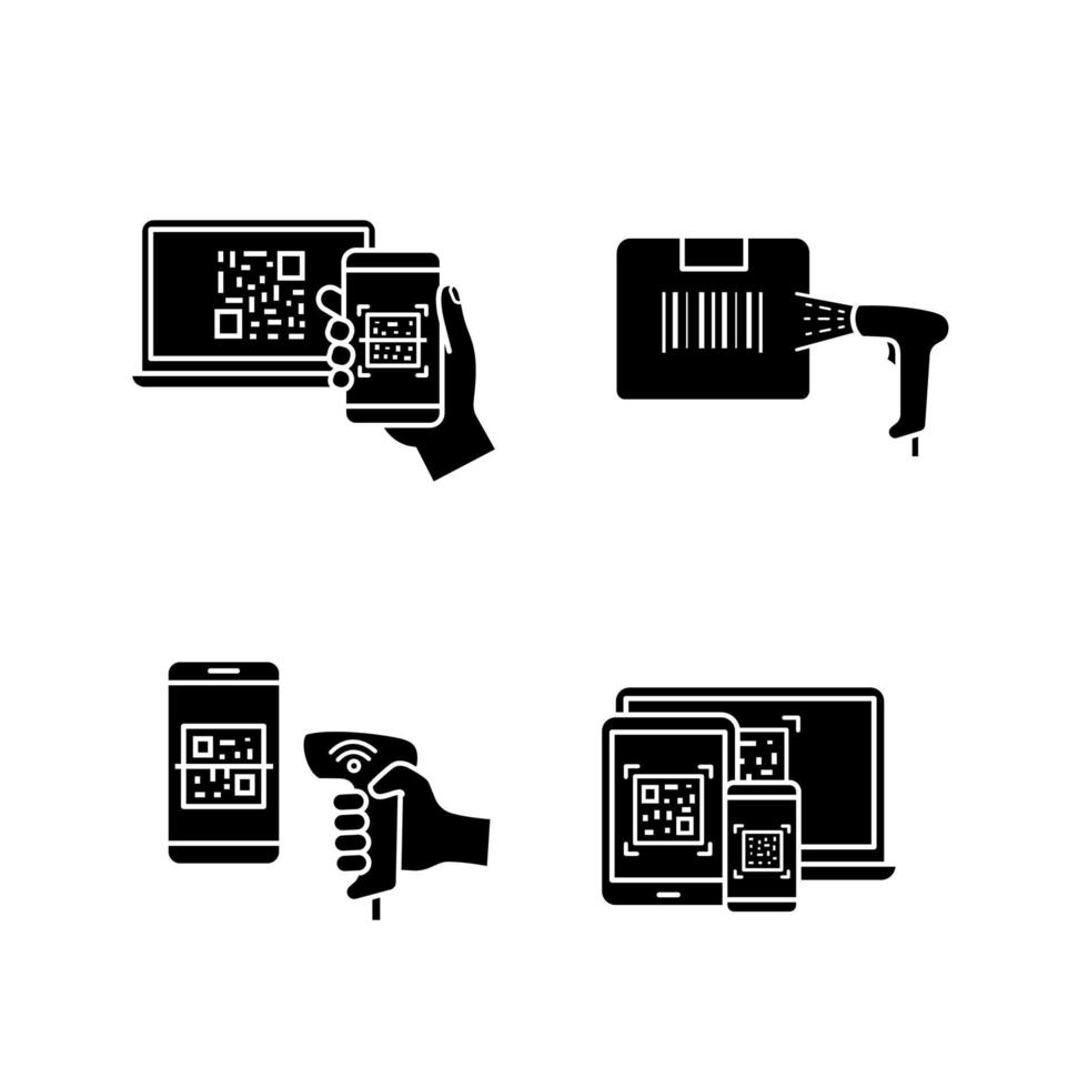 icônes de glyphe de codes à barres. numérisation de codes-barres de colis, codes qr sur différents appareils, scanner de codes-barres portable, application de numérisation. symboles de silhouette. illustration vectorielle isolée vecteur