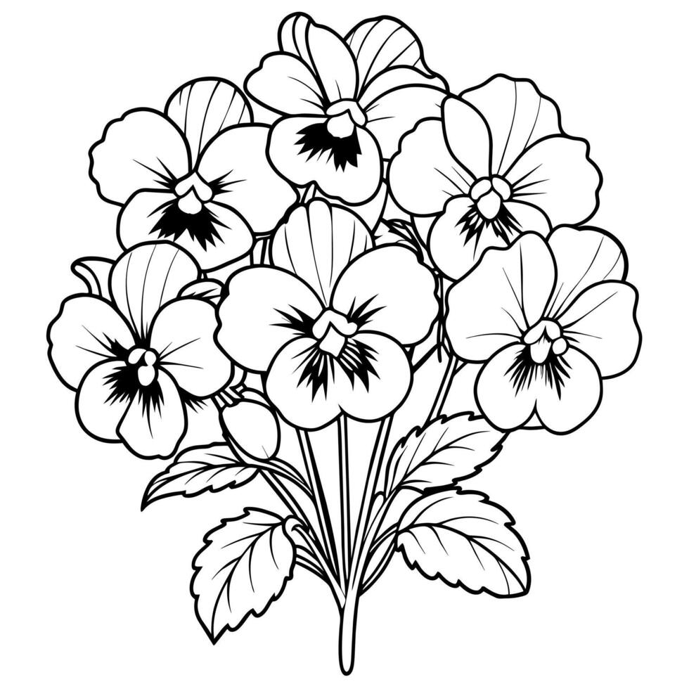 pensée fleur contour illustration coloration livre page conception, pensée fleur bouquet noir et blanc ligne art dessin coloration livre pages pour les enfants et adultes vecteur