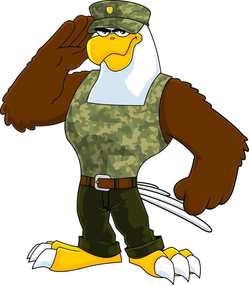 Aigle soldat dessin animé personnage saluer vecteur