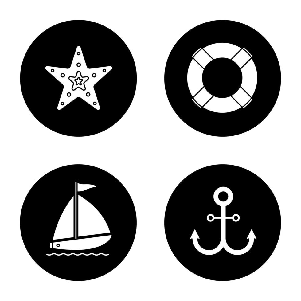 ensemble d'icônes d'été. étoile de mer, bouée de sauvetage, voilier, ancre. illustrations vectorielles de silhouettes blanches dans des cercles noirs vecteur