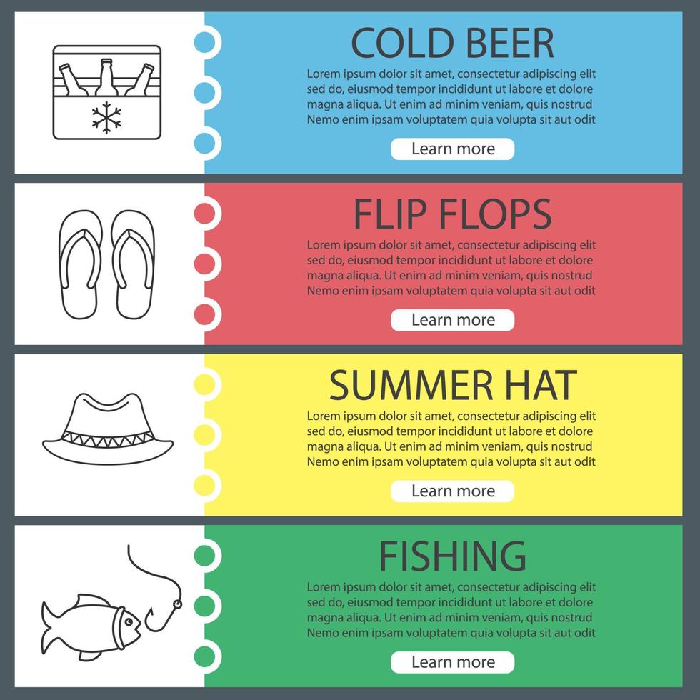 ensemble de modèles de bannière web d'été. bière fraîche, chapeau homburg, tongs, pêche. éléments de menu de couleur de site Web avec des icônes linéaires. concepts de conception d'en-têtes de vecteur