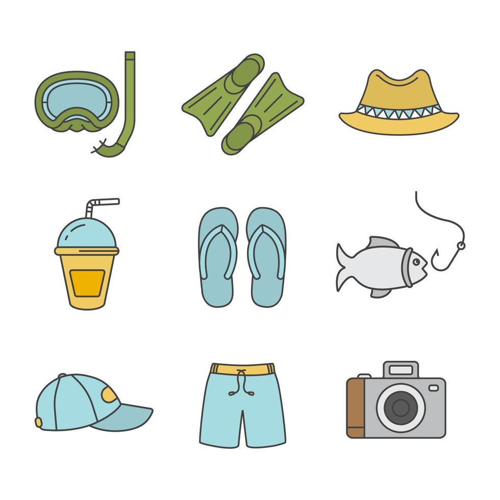 ensemble d'icônes de couleur de vacances d'été. aqualung, palmes, chapeau homburg, boisson rafraîchissante, tongs, pêche, casquette, maillot de bain, appareil photo. illustrations vectorielles isolées vecteur