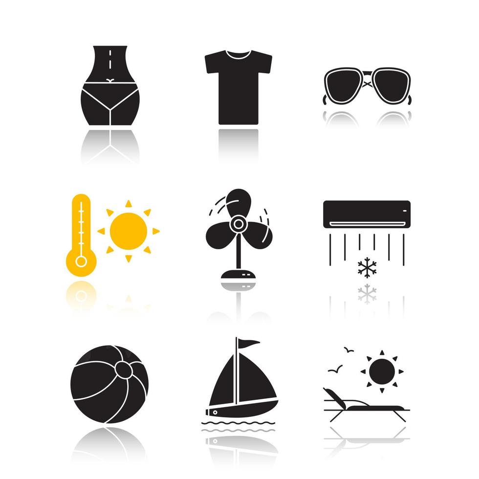 Ensemble d'icônes noires d'ombre portée d'été. corps de femme, t-shirt, lunettes de soleil, chaleur estivale, ventilateur, climatiseur, ballon de plage, transat, voilier. illustrations vectorielles isolées vecteur