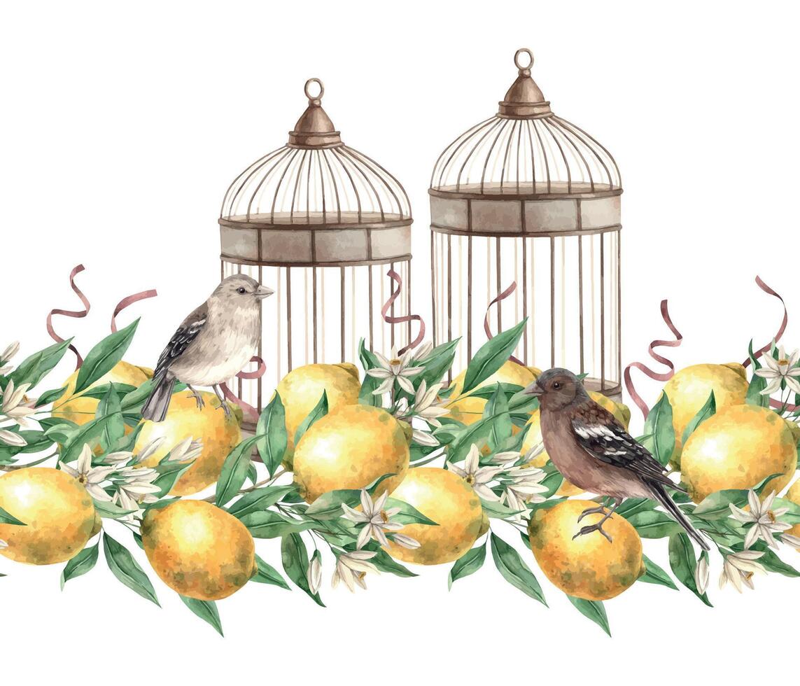 sans couture frontière de Jaune citrons, feuilles, rubans, fleurs, des oiseaux et métal cuivre cage. aquarelle illustration dans ancien style. composition pour décorer cartes, mariage décorations, invitations. vecteur