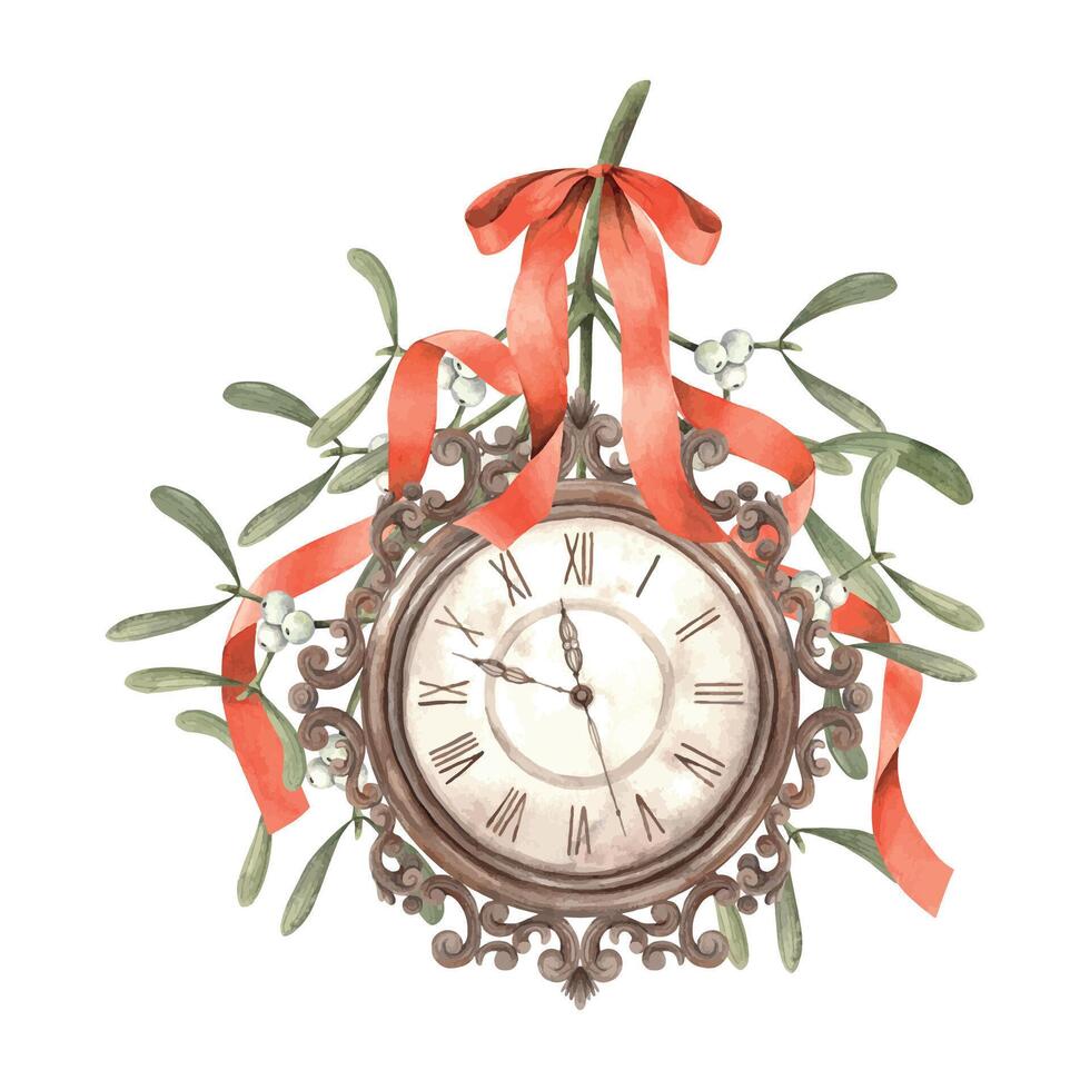 cuivre antique l'horloge avec du gui et rouge ruban. aquarelle composition dans ancien style sur un isolé Contexte. dessin pour Noël et Nouveau année vacances, faire-part, cartes, bannières, décor. vecteur