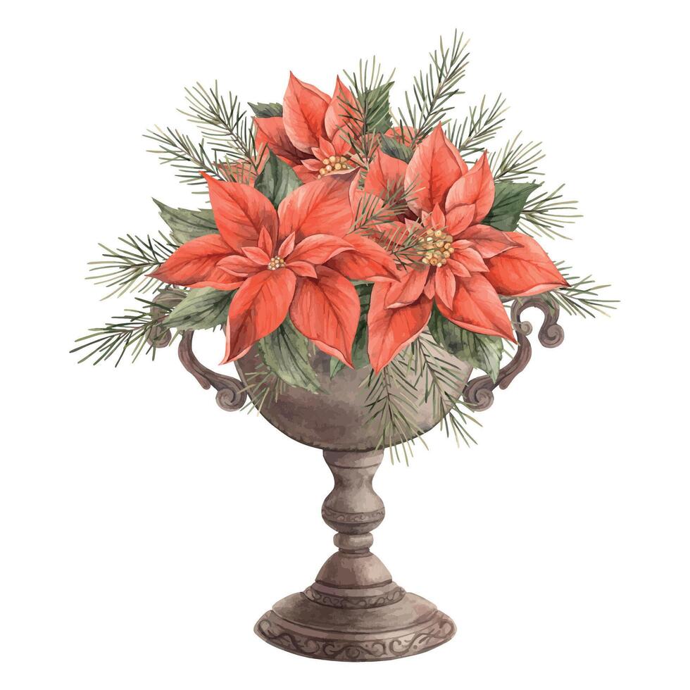 une bouquet de rouge poinsettia dans une cuivre vase avec sapin branches. aquarelle illustration dans ancien style. dessin pour le Noël, Nouveau année vacances 2025, faire-part, cartes, emballage papier, décor. vecteur