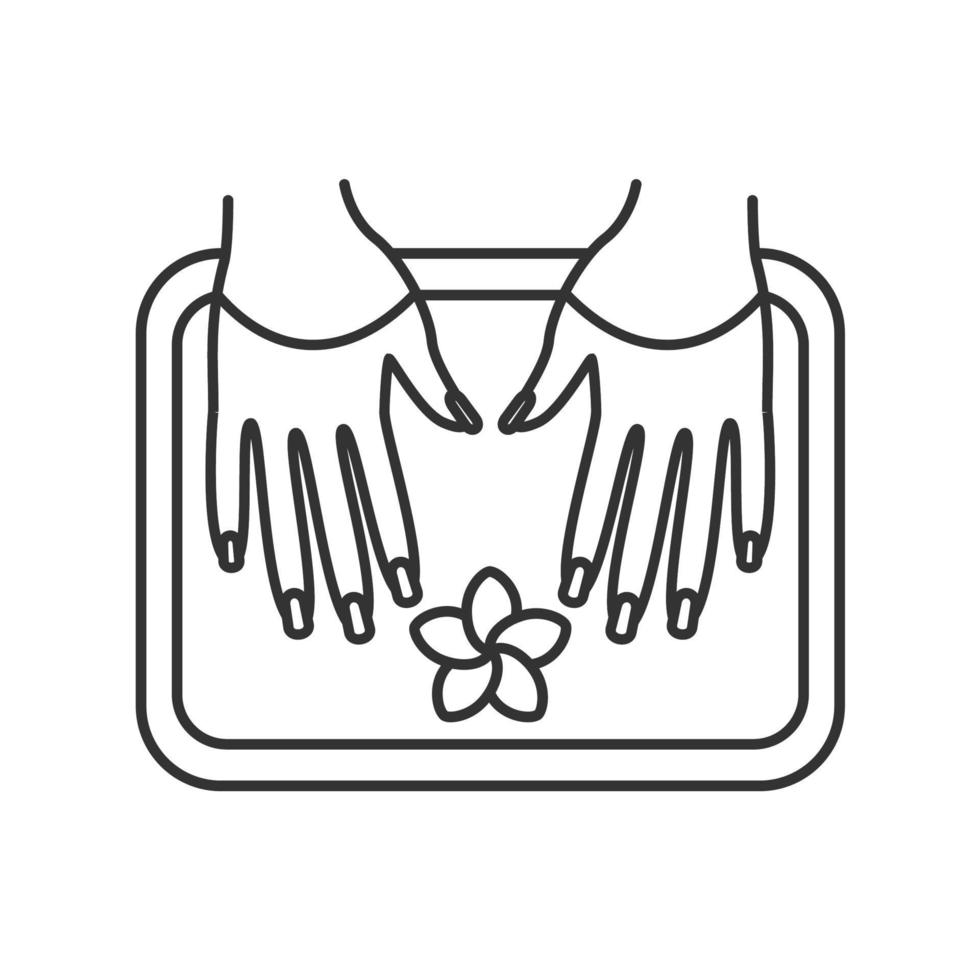 icône linéaire de bain d'ongles de salon de spa. illustration de la ligne mince. les mains de la femme dans un bol avec le symbole de contour de fleur de plumeria. dessin de contour isolé de vecteur