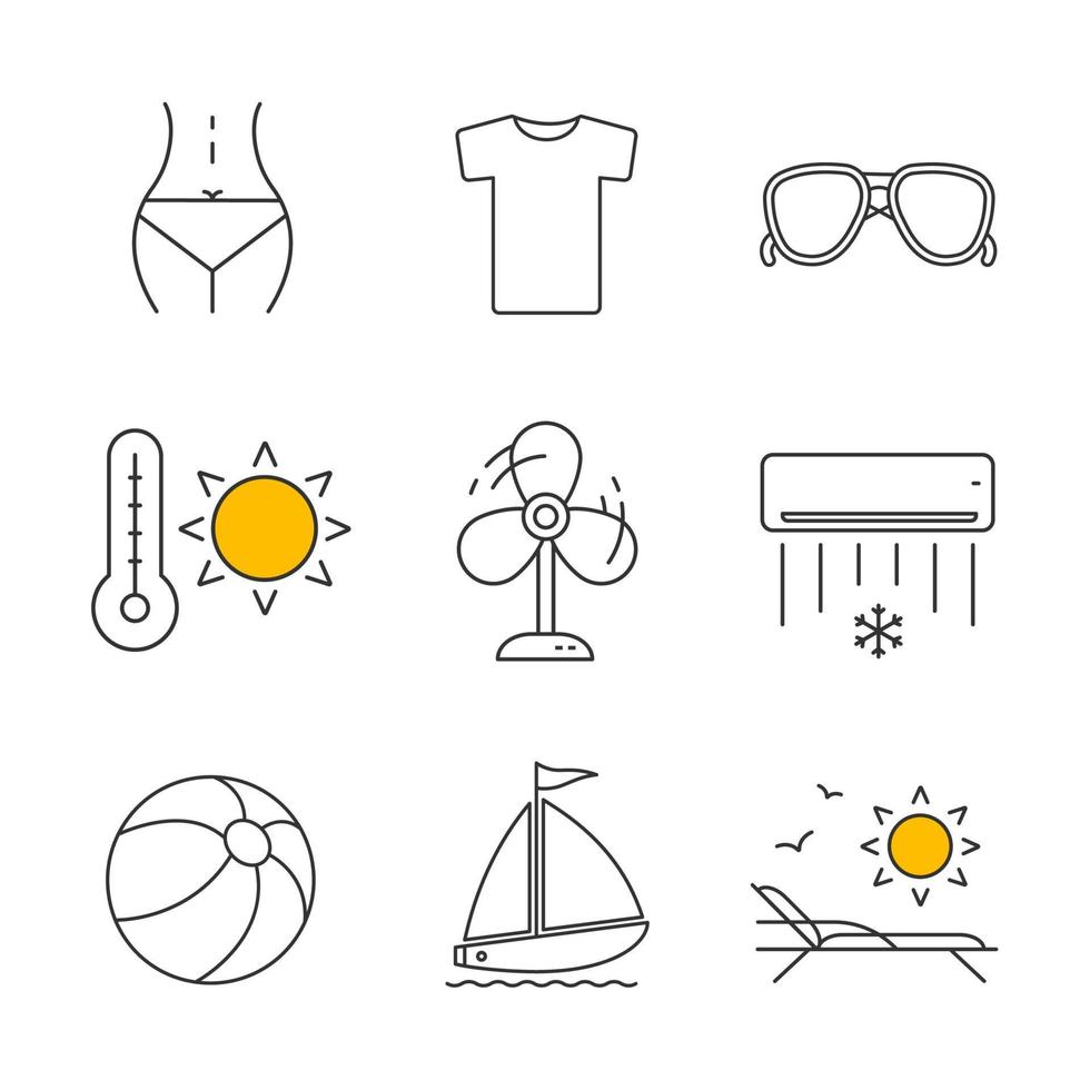 ensemble d'icônes linéaires d'été. corps de femme, t-shirt, lunettes de soleil, chaleur estivale, ventilateur, climatiseur, ballon de plage, transat, voilier. symboles de contour de ligne mince. illustrations vectorielles isolées vecteur