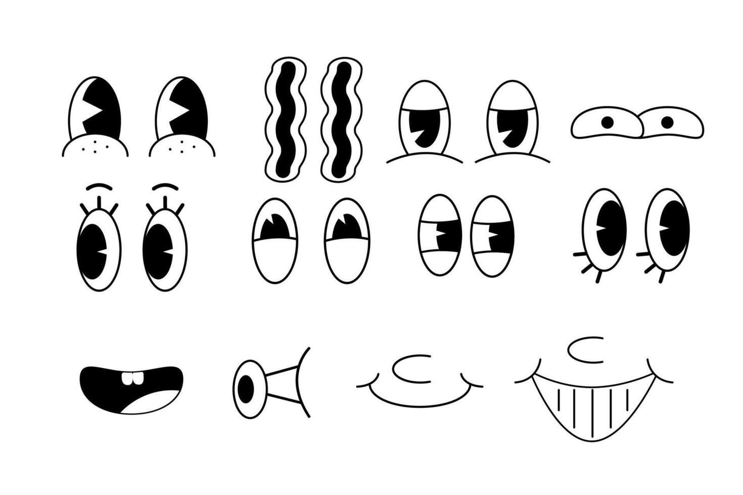 y2k esthétique, rétro dessin animé mascotte personnages marrant visages. vieux animation yeux et bouches éléments. ancien bande dessinée sourire pour logo ensemble. smiley caricatures avec content et de bonne humeur émotions vecteur