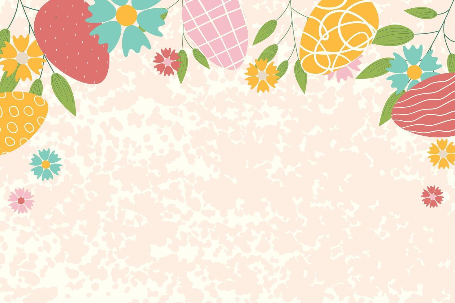 Pâques Contexte pour bannière, modèle. branché Pâques conception avec fleurs, œufs, dans pastel couleurs avec texture sur Contexte. plat illustration. vecteur