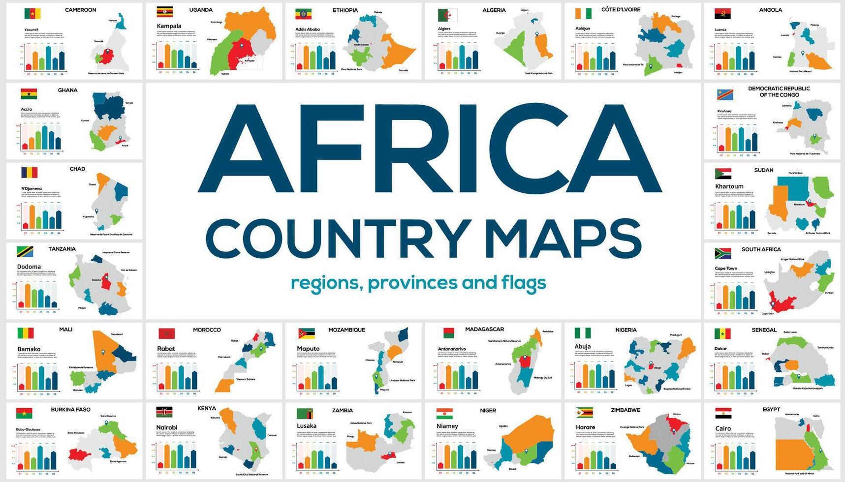 ensemble de Plans de le des pays de Afrique. image de global Plans dans le forme de Régions Régions de africain des pays. drapeaux de des pays. chronologie infographie. facile à Éditer vecteur