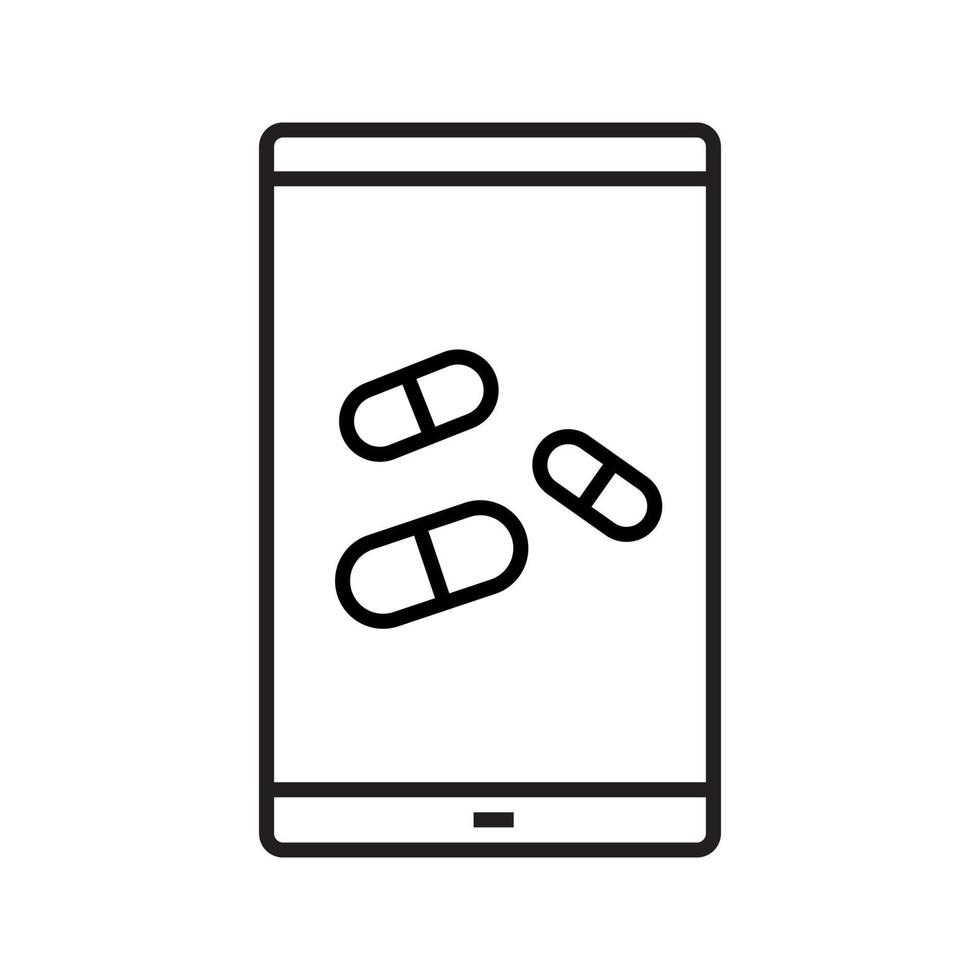 icône linéaire de l'application médicale smartphone. illustration de la ligne mince. téléphone intelligent avec des pilules. symbole de contour de magasin de pharmacie mobile. dessin de contour isolé de vecteur