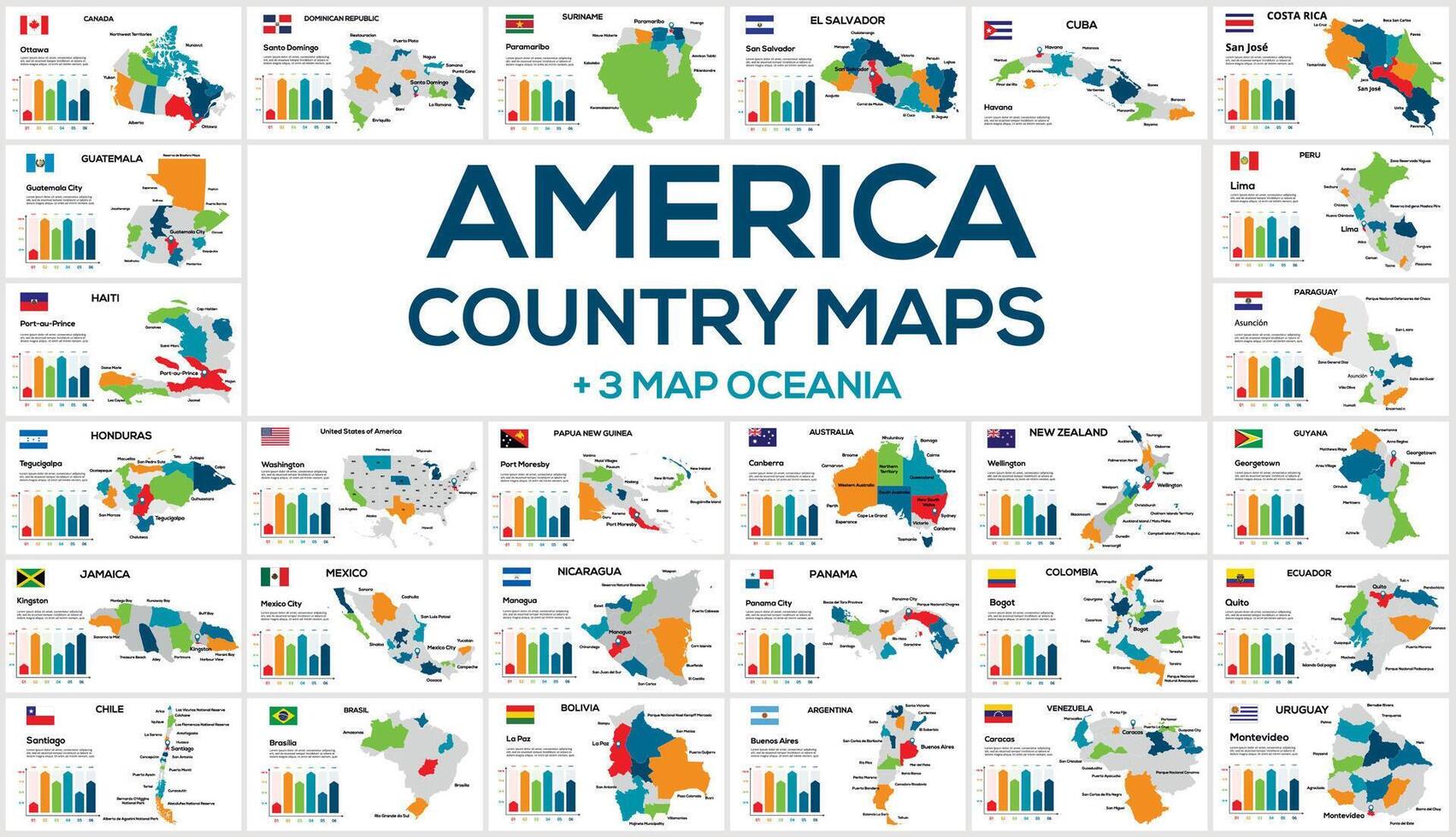 ensemble de Plans de le des pays de Amérique. image de global Plans dans le forme de Régions Régions de Amérique des pays. drapeaux de des pays. chronologie infographie. facile à Éditer vecteur