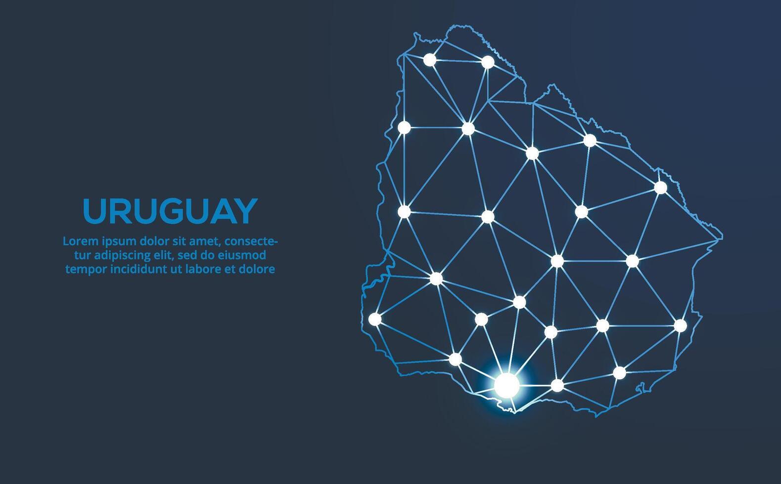 Uruguay la communication réseau carte. faible poly image de une global carte avec lumières dans le forme de villes. carte dans le forme de une constellation, muet et étoiles vecteur