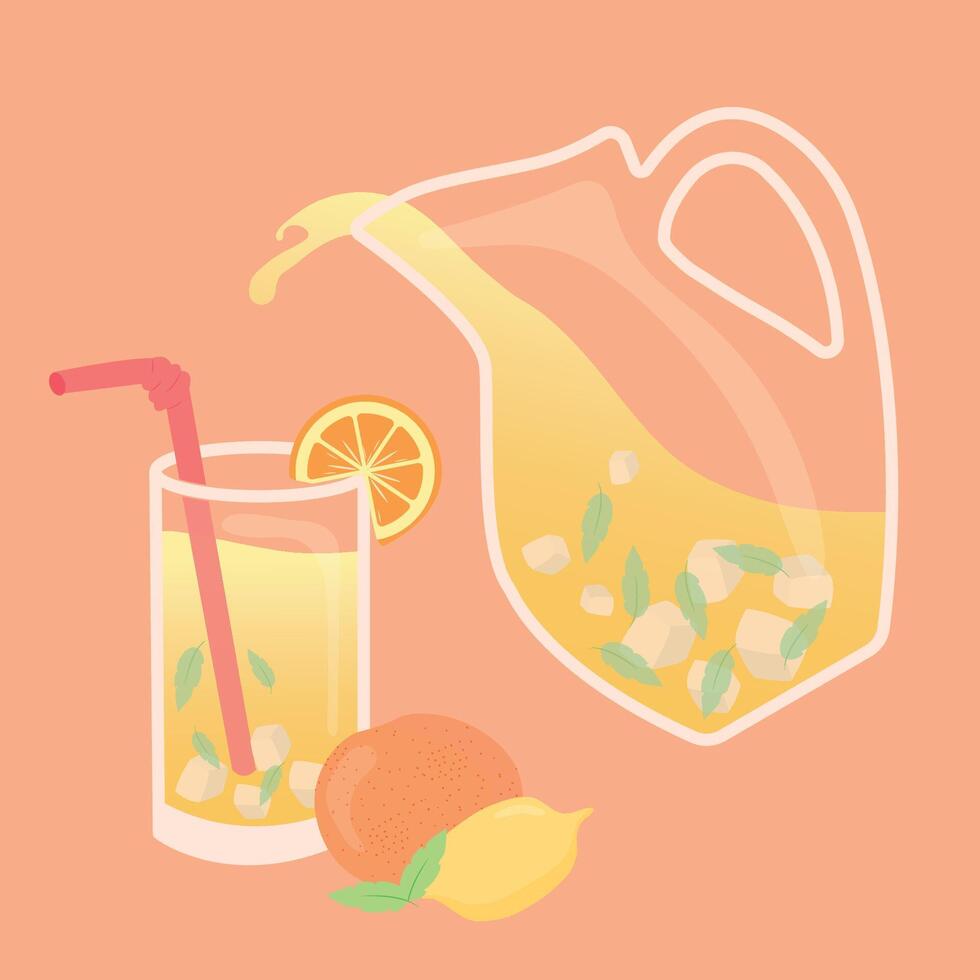 été boisson Orange jus - dans cruche et verre. dessin animé illustration de sucré jus. refroidissement été non alcoolique boisson faire la fête. Icônes ou menu concept. vecteur