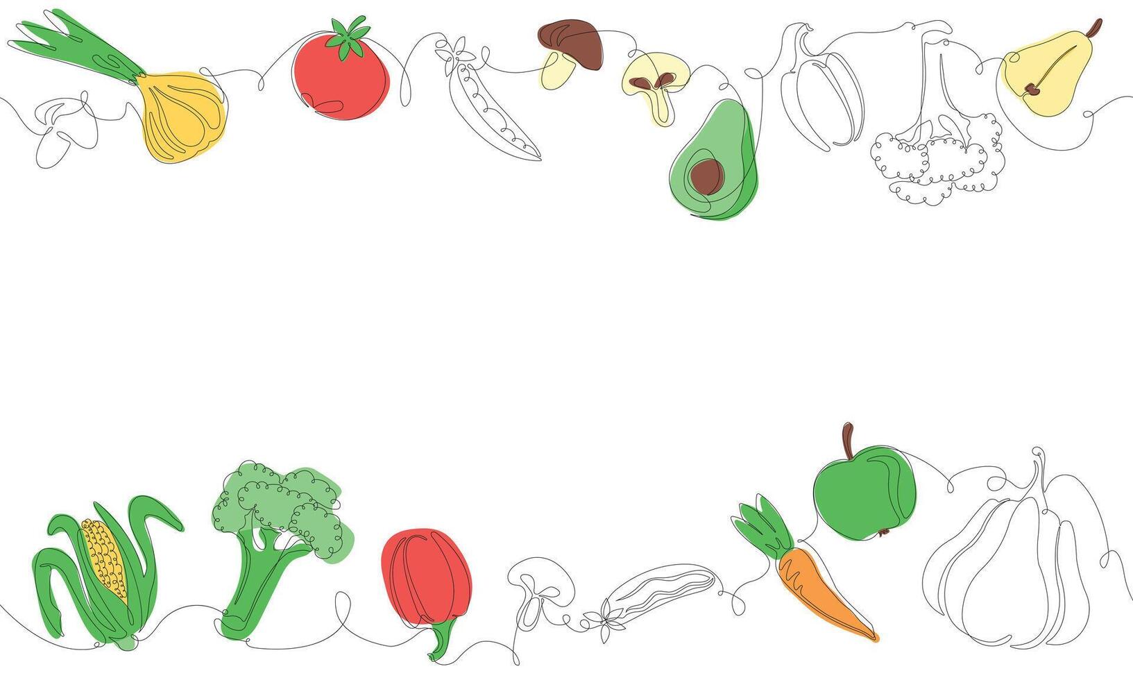 Facile contour et coloré Cadre avec des fruits, des légumes et vide espace pour texte. Contexte. un ligne art style. Cadre avec biologique aliments. pouvez être aussi utilisé comme bannière, prospectus, texture vecteur