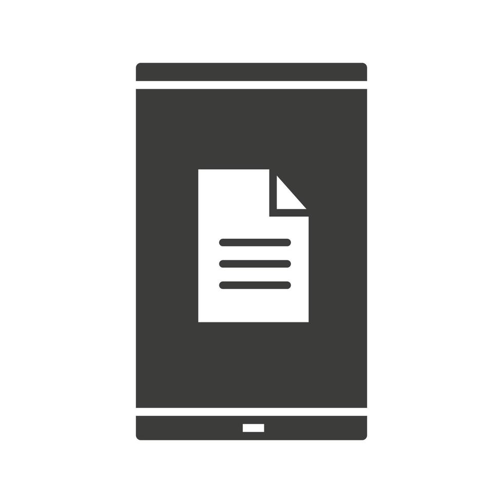 icône de glyphe de document de smartphone. symbole de silhouette. téléphone intelligent avec fichier texte. espace négatif. illustration vectorielle isolée vecteur