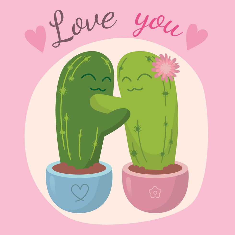 une mignonne paire de aimant cactus dans une dessin animé style. cactus étreinte illustration. conception de une salutation carte ou affiche pour valentines journée. vecteur