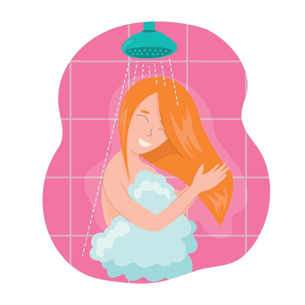 Jeune jolie femme dessin animé personnage prise douche avec bulle pour hygiène et beauté sentiment positif. illustration dans plat style vecteur