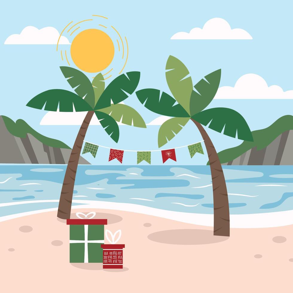 paume arbre sur tropical plage avec Noël décoration et cadeaux. échantillon de affiche, fête vacances invitation, de fête bannière, carte. dessin animé illustration. vecteur