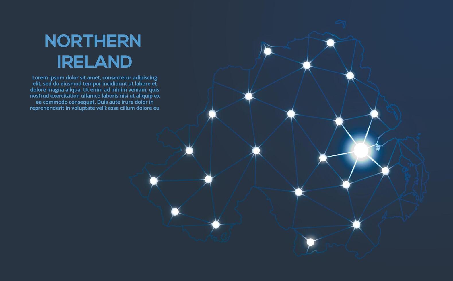 nord Irlande la communication réseau carte. faible poly image de une global carte avec lumières dans le forme de villes. carte dans le forme de une constellation, muet et étoiles vecteur