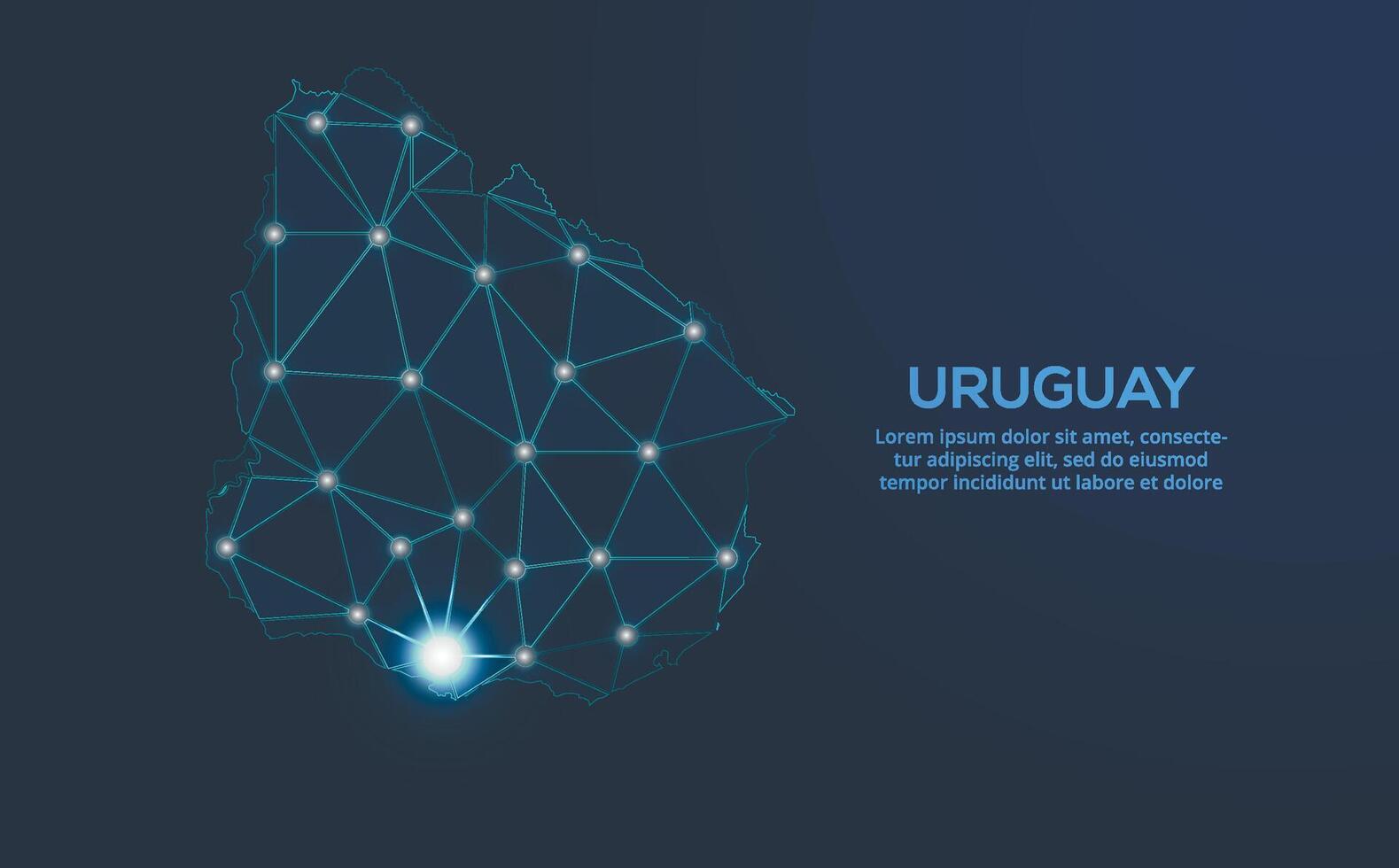 Uruguay la communication réseau carte. faible poly image de une global carte avec lumières dans le forme de villes. carte dans le forme de une constellation, muet et étoiles vecteur