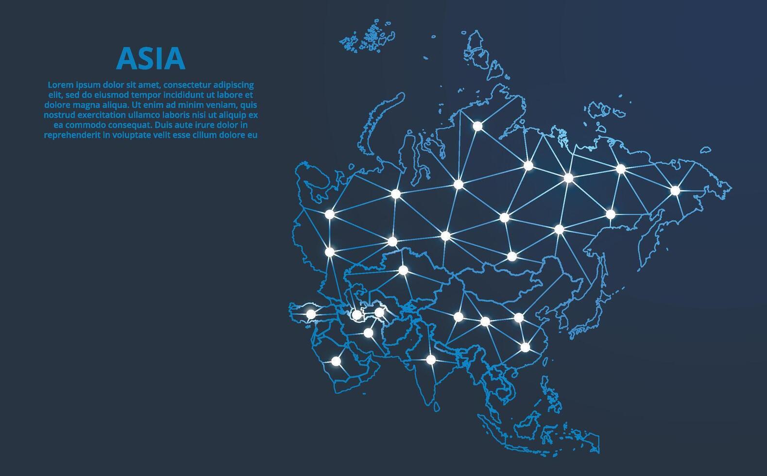Asie la communication réseau carte. faible poly image de une global carte avec lumières dans le forme de villes. carte dans le forme de une constellation, muet et étoiles vecteur