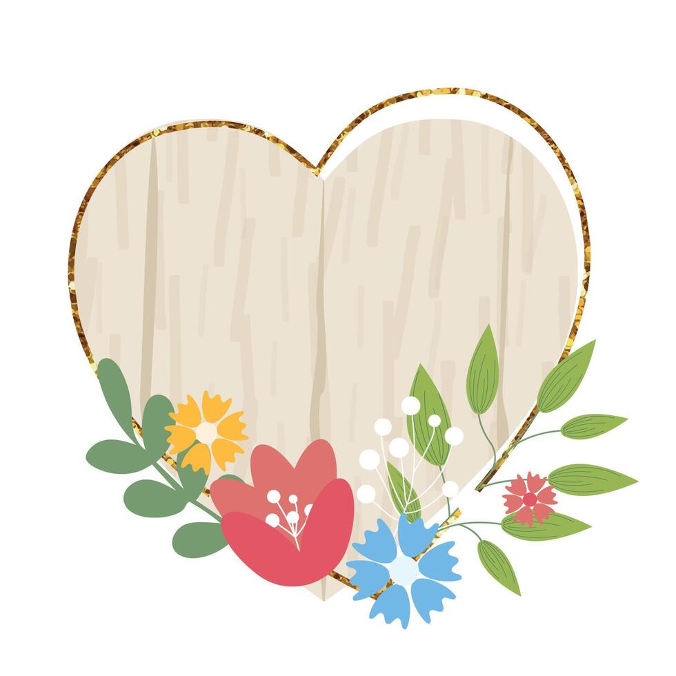 en bois cœur signe élément avec fleurs. bois conseil, cadre, badge, étiqueter, bouclier, enseigne collection. marron Contexte pour votre texte. illustration. vecteur