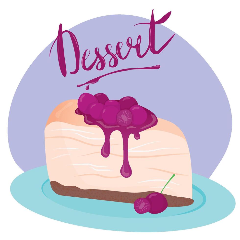 savoureux cheesecake avec Cerise sur plaque. délicieux dessert. illustration avec caractères. carte postale, affiche, bannière. illustration pour menu ou prospectus. vecteur