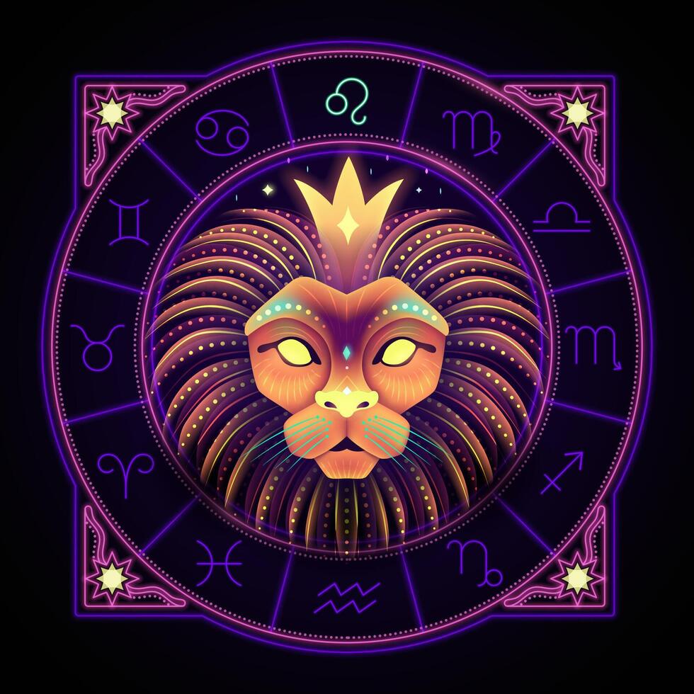 Leo zodiaque signe représentée par le Lion tête comme le Roi de le céleste jungle. néon horoscope symbole dans cercle avec autre astrologie panneaux ensembles autour. vecteur