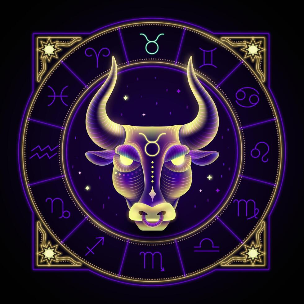 Taureau zodiaque signe représentée par le visage de une taureau. néon horoscope symbole dans cercle avec autre astrologie panneaux ensembles autour. vecteur
