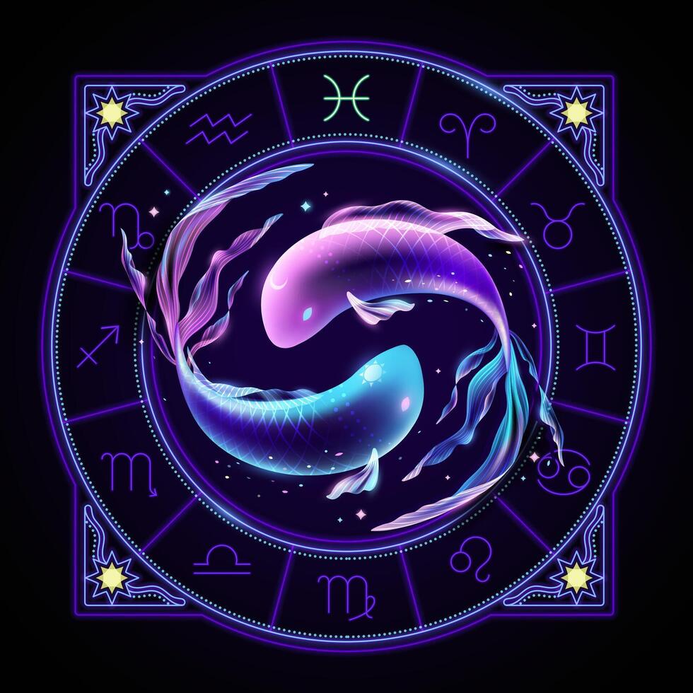 Poissons zodiaque signe représentée par deux poisson nager dans contraire directions. néon horoscope symbole dans cercle avec autre astrologie panneaux ensembles autour. vecteur