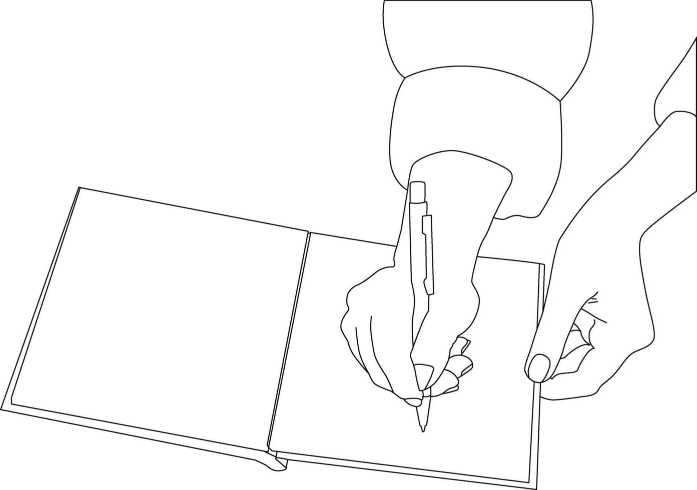 un ligne dessin main en portant stylo avec livre vecteur