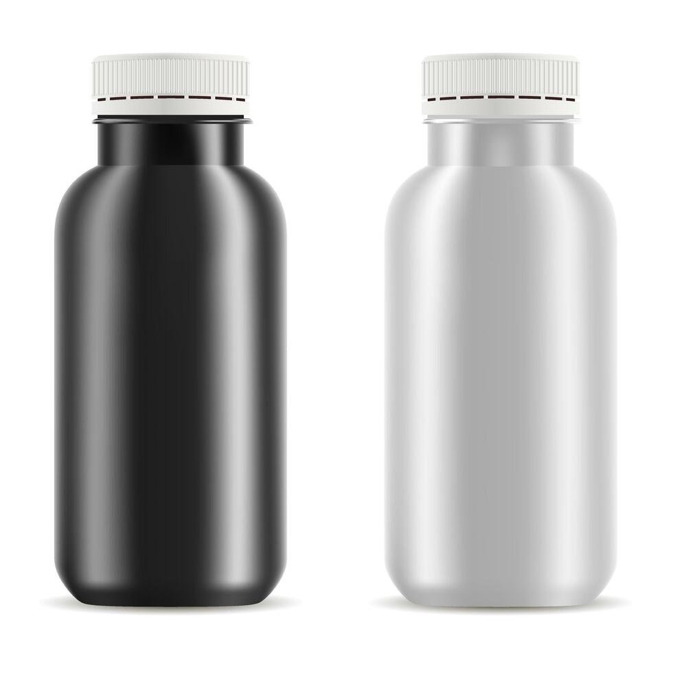 boisson bouteilles maquette. réaliste 3d illustration de noir et wwite bouteilles avec blanc Plastique couvercle pour frais, jus, thé, yaourt et autre liquide des produits. vecteur