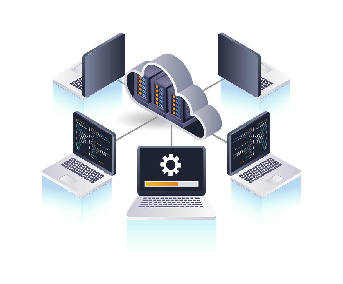 ordinateur Les données réseau nuage serveur technologie, infographie 3d illustration plat isométrique vecteur