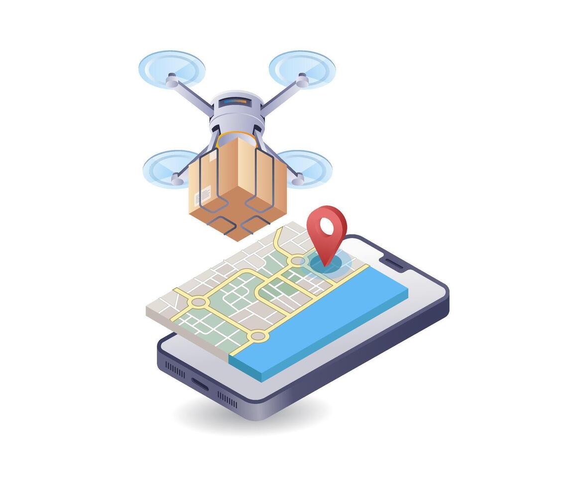 drone livre des biens avec carte application, infographie 3d illustration plat isométrique vecteur