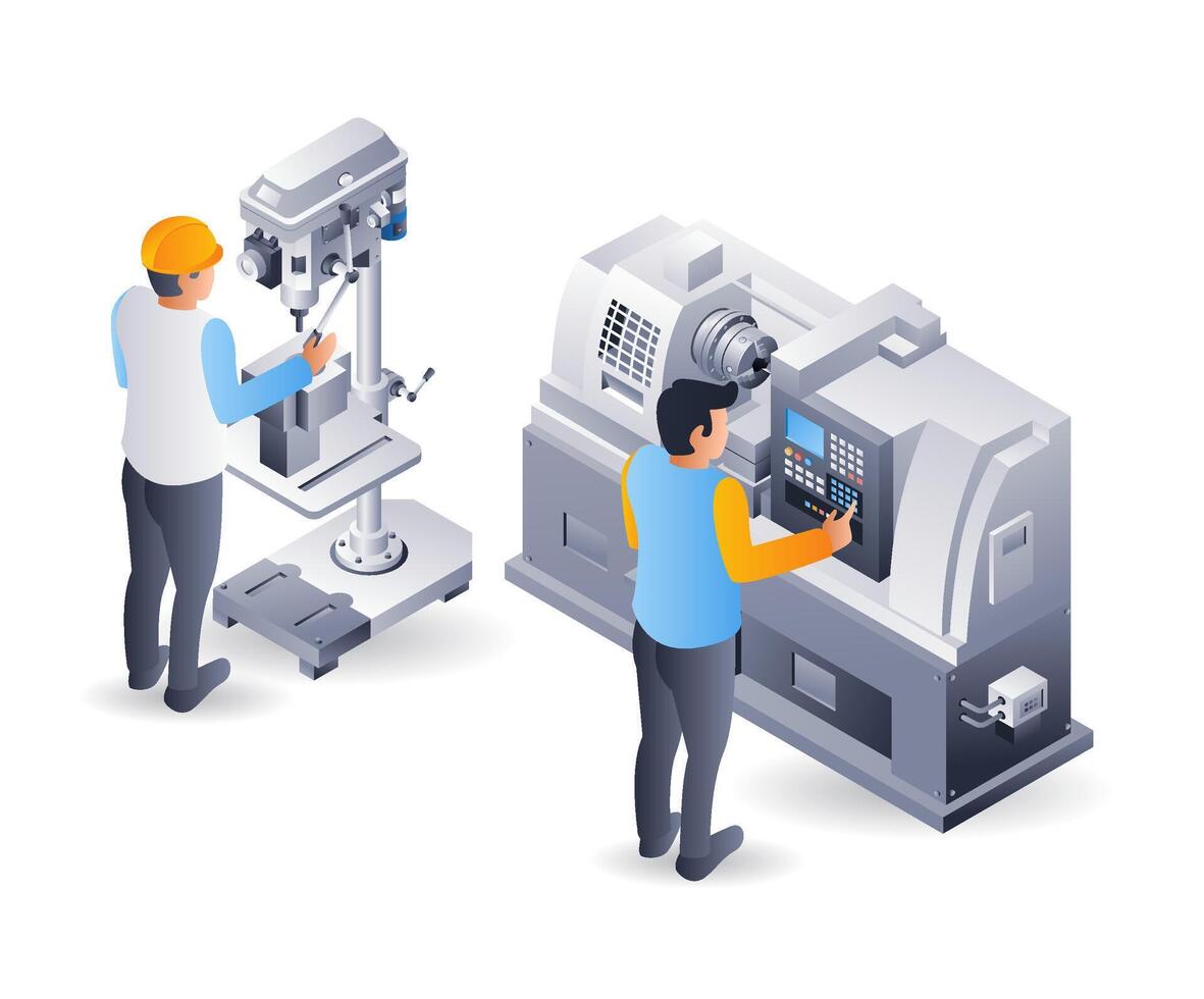 cnc tour et percer machine opérateur, plat isométrique 3d illustration infographie vecteur