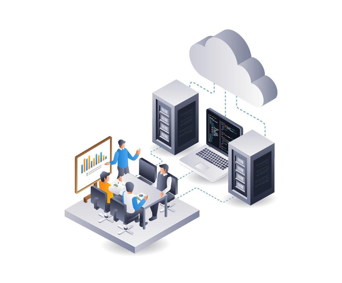 le équipe est développement une nuage serveur application, infographie 3d illustration plat isométrique vecteur