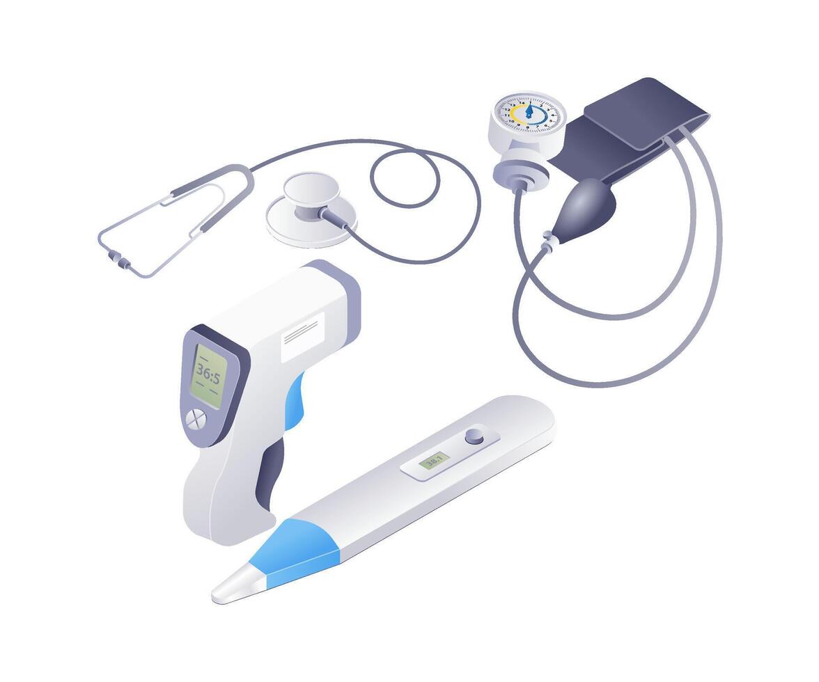 médical équipement et médecins outils La technologie infographie plat isométrique 3d illustration vecteur