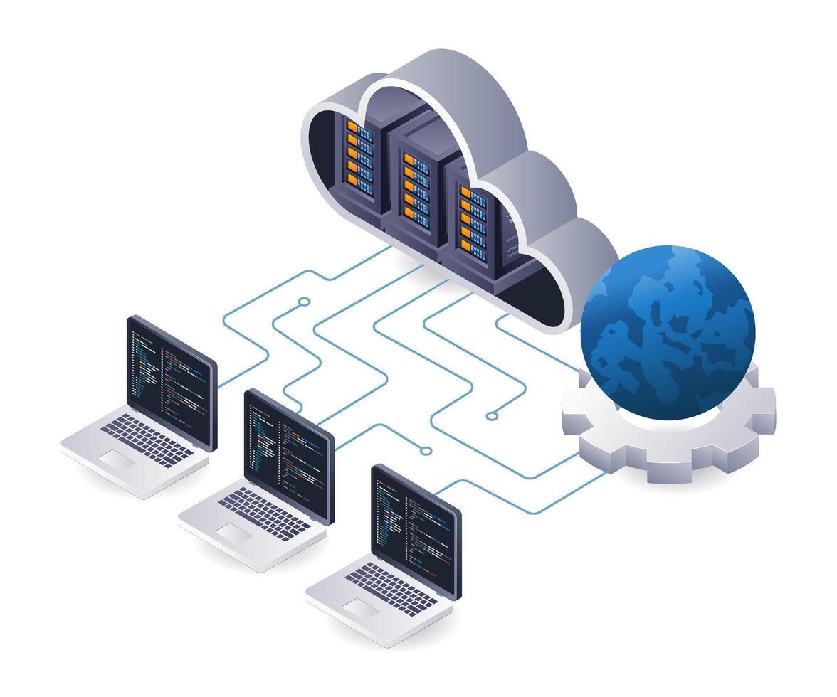 ordinateur réseau programmeur nuage serveur La technologie analyste infographie 3d illustration plat isométrique vecteur