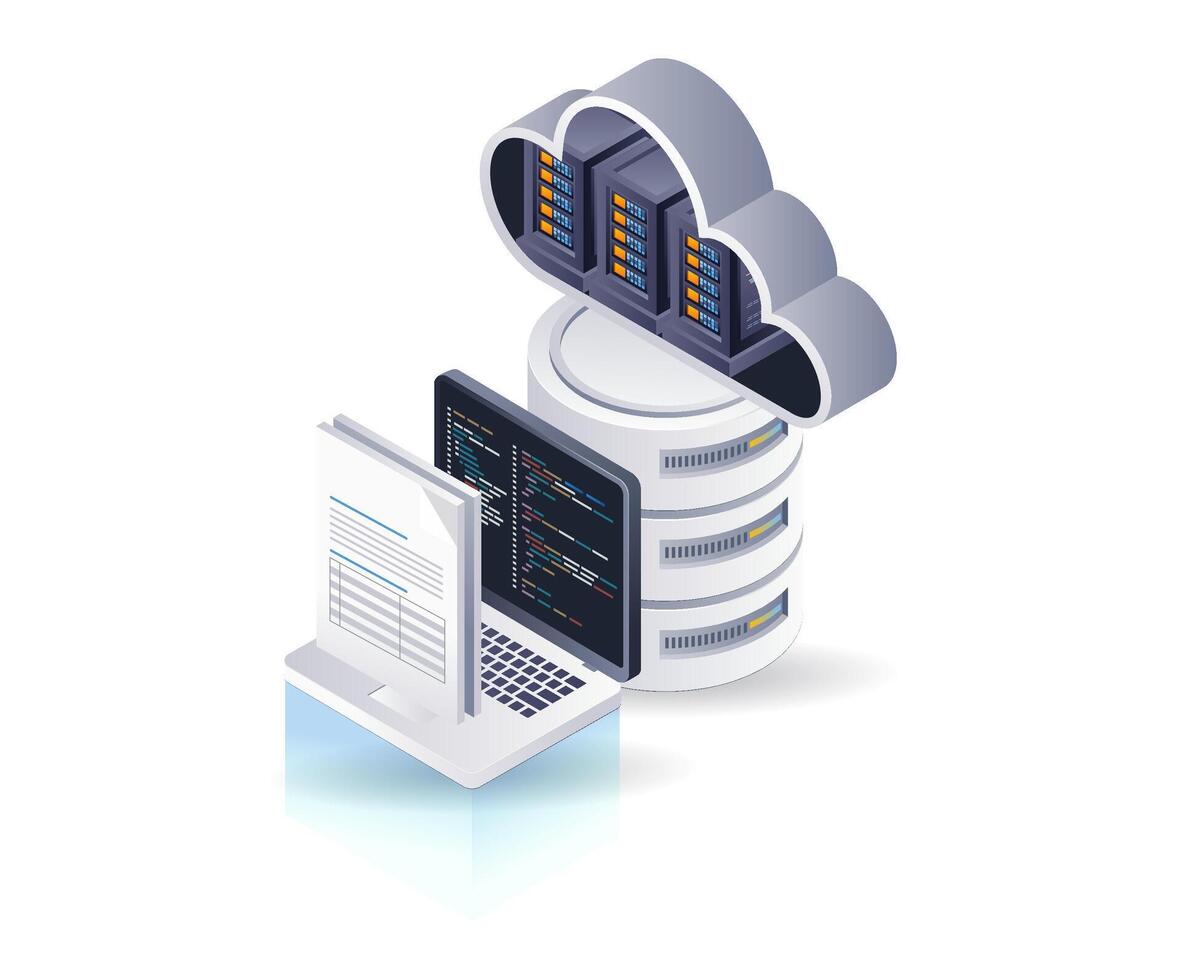 La technologie nuage serveur ordinateur données, isométrique plat 3d illustration infographie vecteur