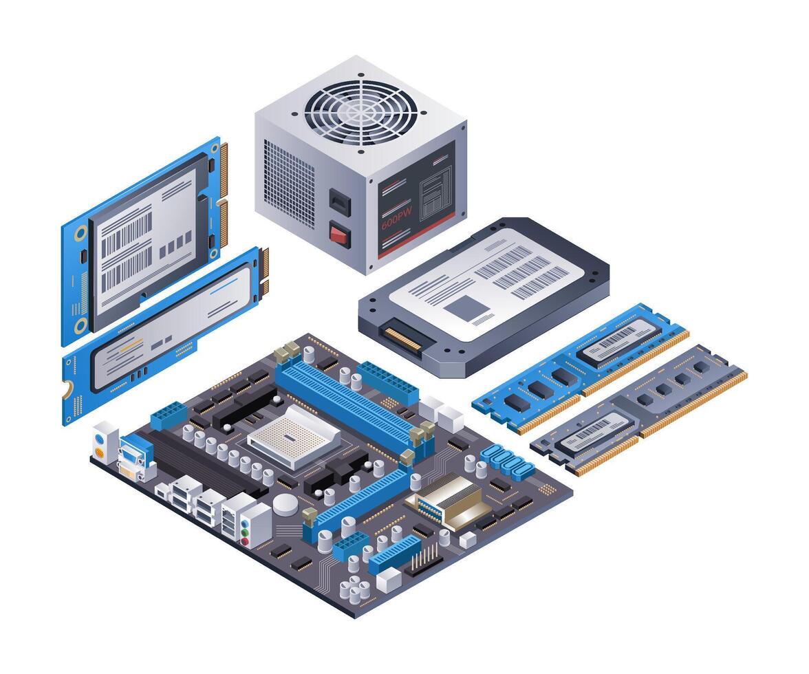 une ensemble de ordinateur les pièces infographie plat isométrique 3d des illustrations vecteur