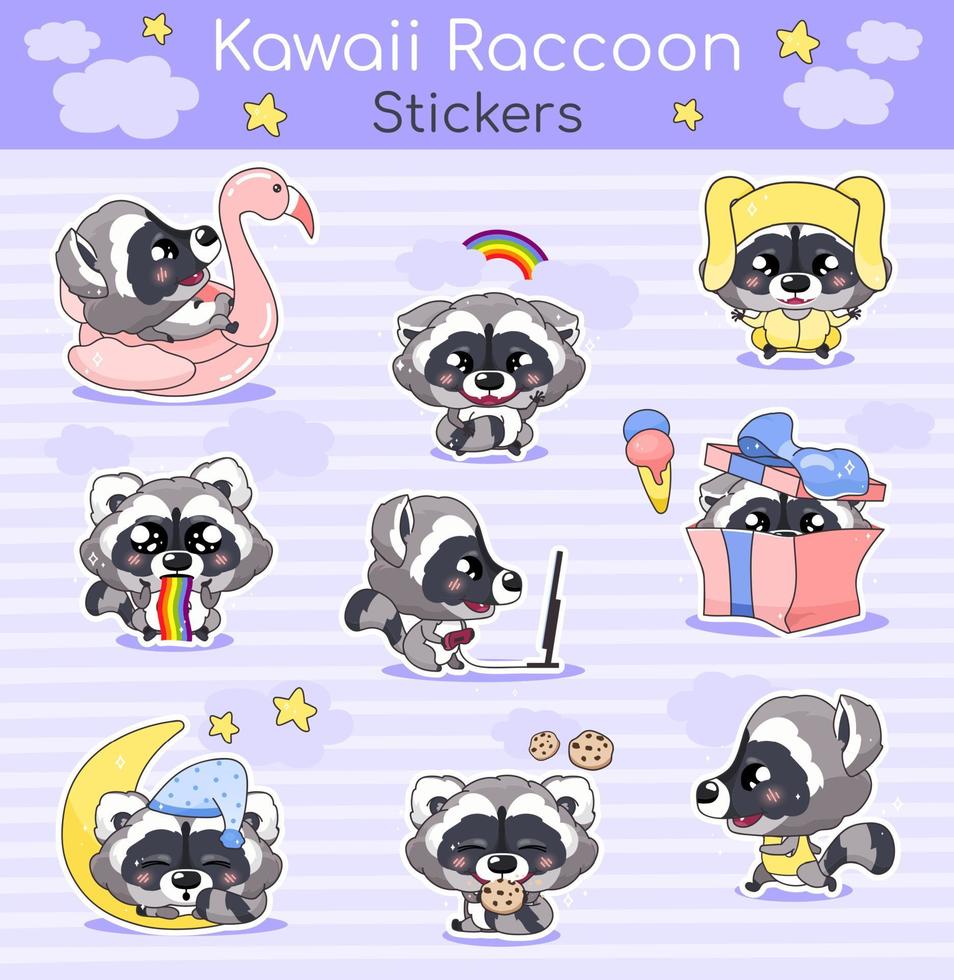 Jeu de caractères de vecteur de dessin animé mignon raton laveur kawaii. autocollants isolés d'animaux souriants adorables et drôles, pack de patchs. anime bébé raton laveur dormant, mangeant des biscuits, exécutant des emojis sur fond violet