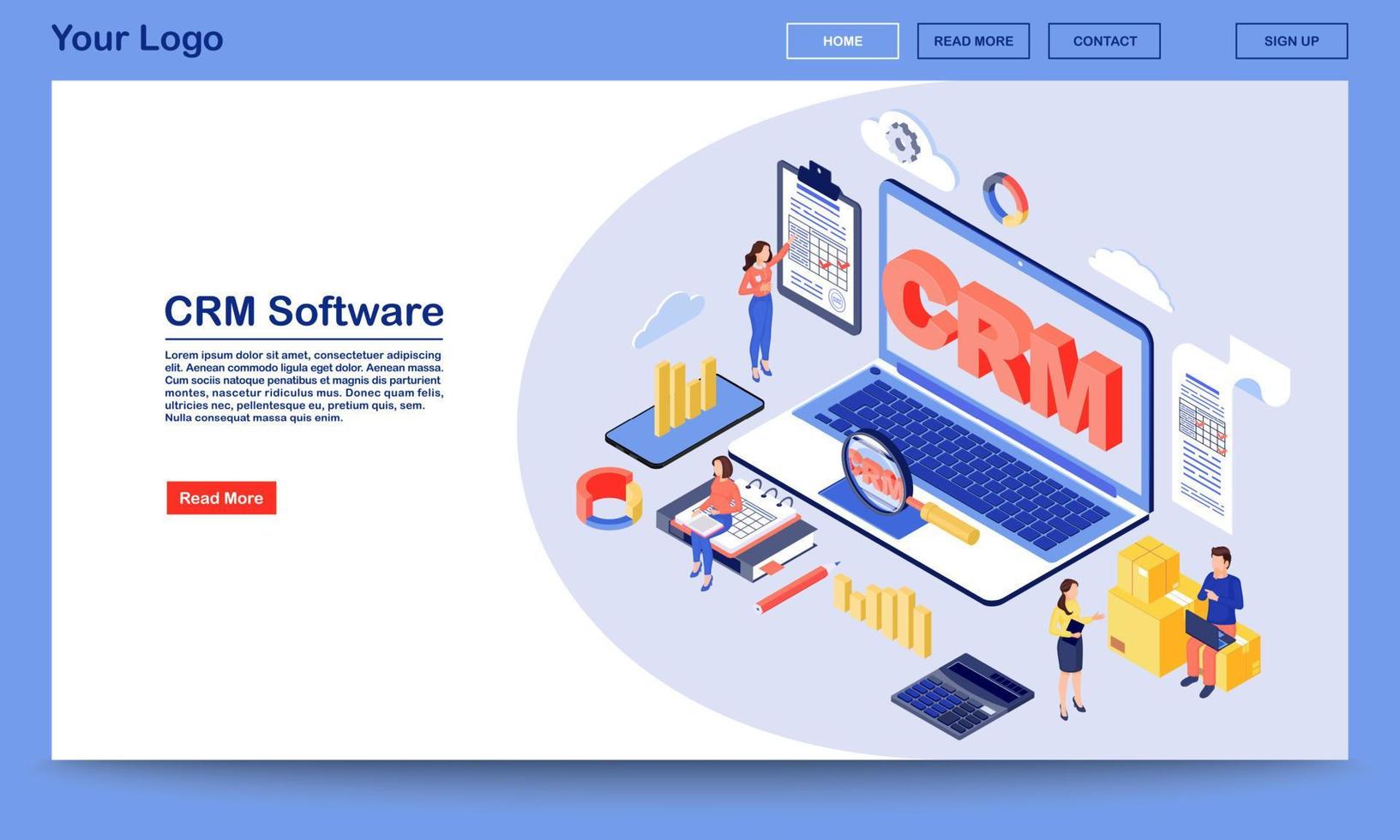 modèle de vecteur de page de destination isométrique du logiciel CRM. processus de travail, organisation du flux de travail et interface du site Web du service d'optimisation. concept 3d de système de gestion de la relation client