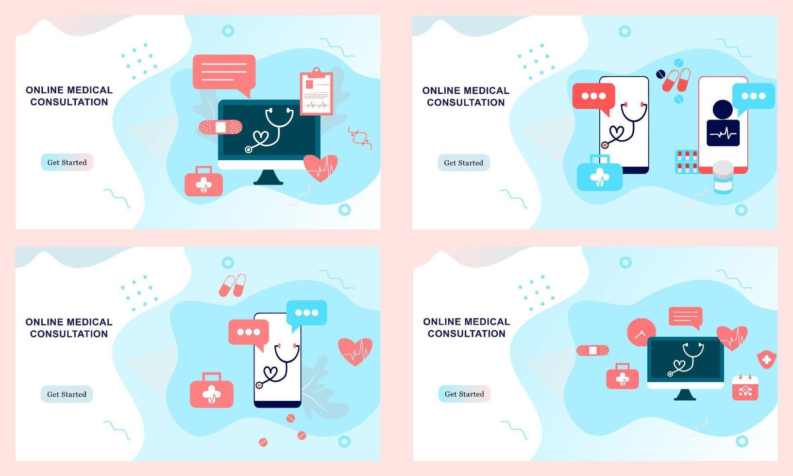 ensemble de modèles de pages de destination pour les soins de santé en ligne, les services médicaux, l'aide en ligne, les médicaments, la consultation médicale en ligne. médecin, pharmacie, clinique, thérapeute pour site Web, application mobile ui. vecteur